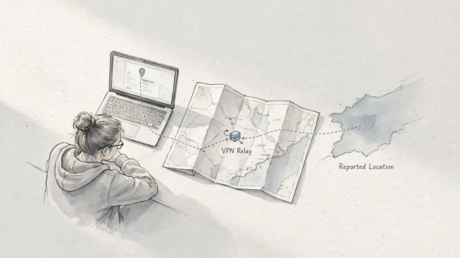 A commuter uses a laptop while a stylized VPN relay routes the connection to a distant point on a map, showing why reported and physical locations can differ.
