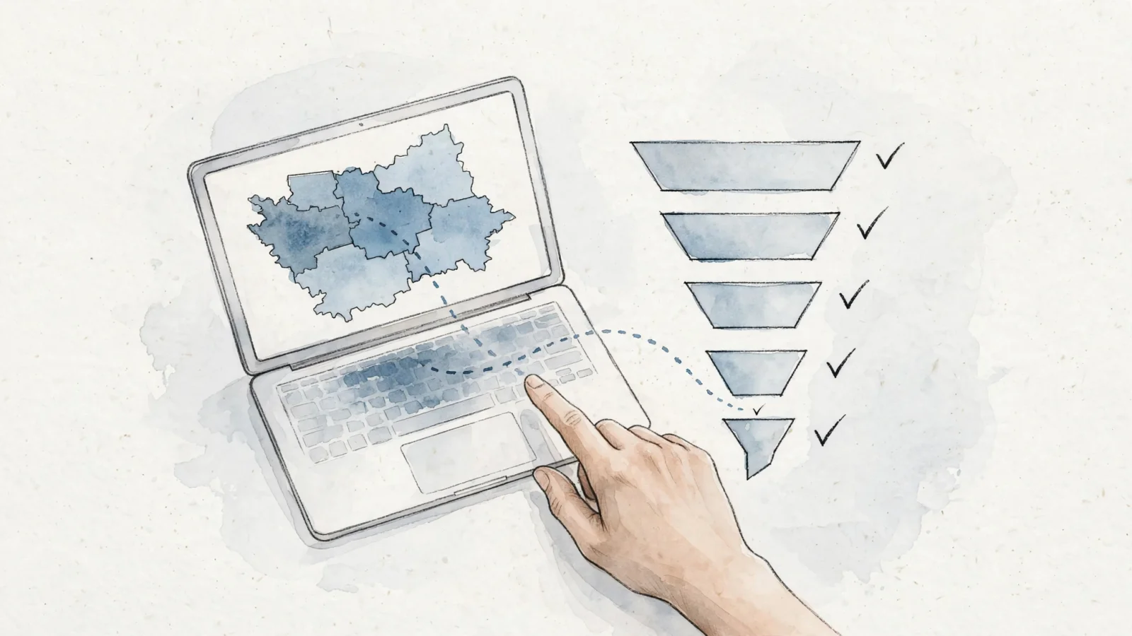 A marketer compares regional traffic shading with signup activity on a laptop, showing why geography needs conversion context.