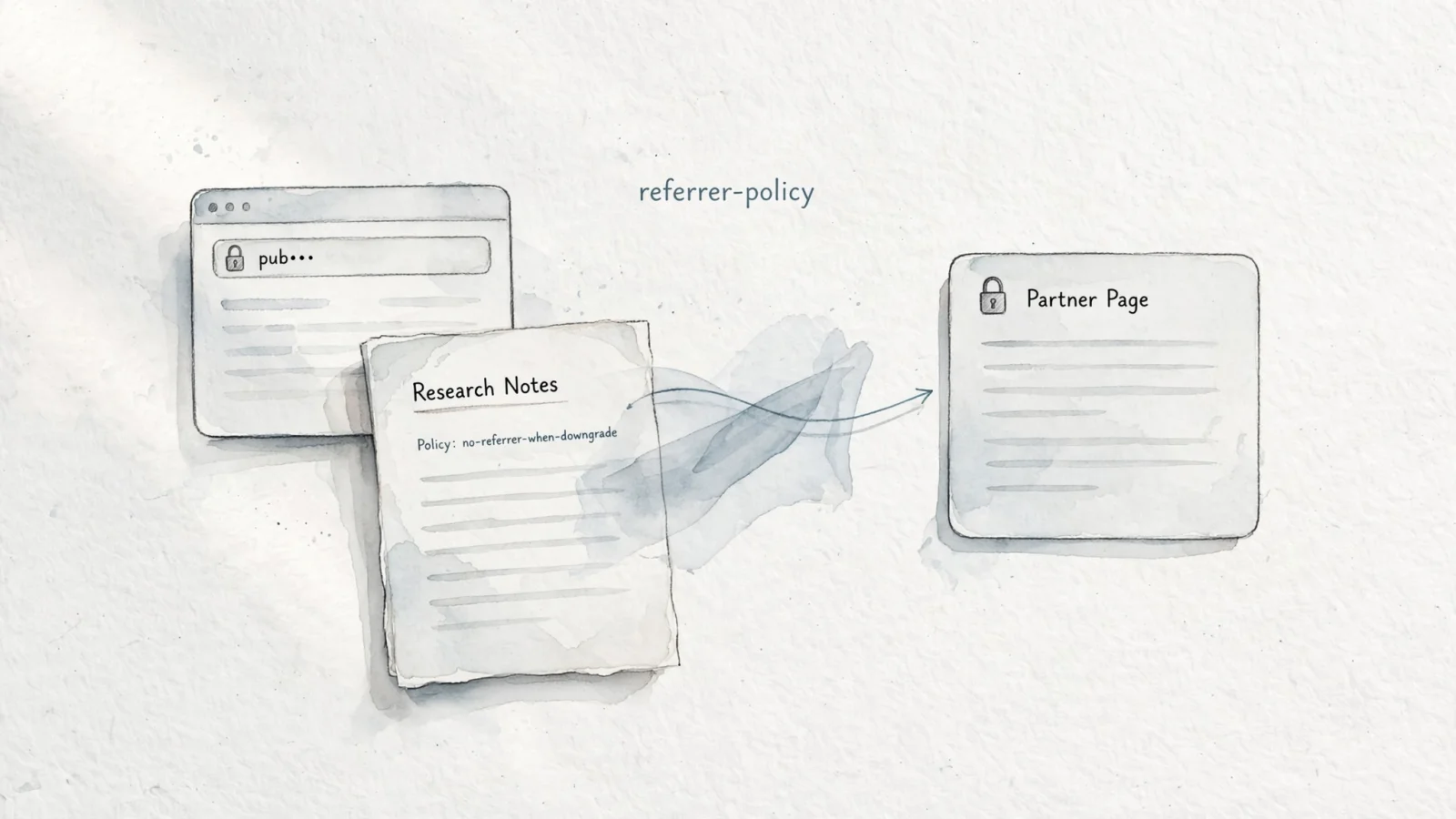 An editorial browser scene shows a publisher's article linking to a secure partner page, with the publisher's domain visible while a translucent veil obscures the article path and query; no readable text.