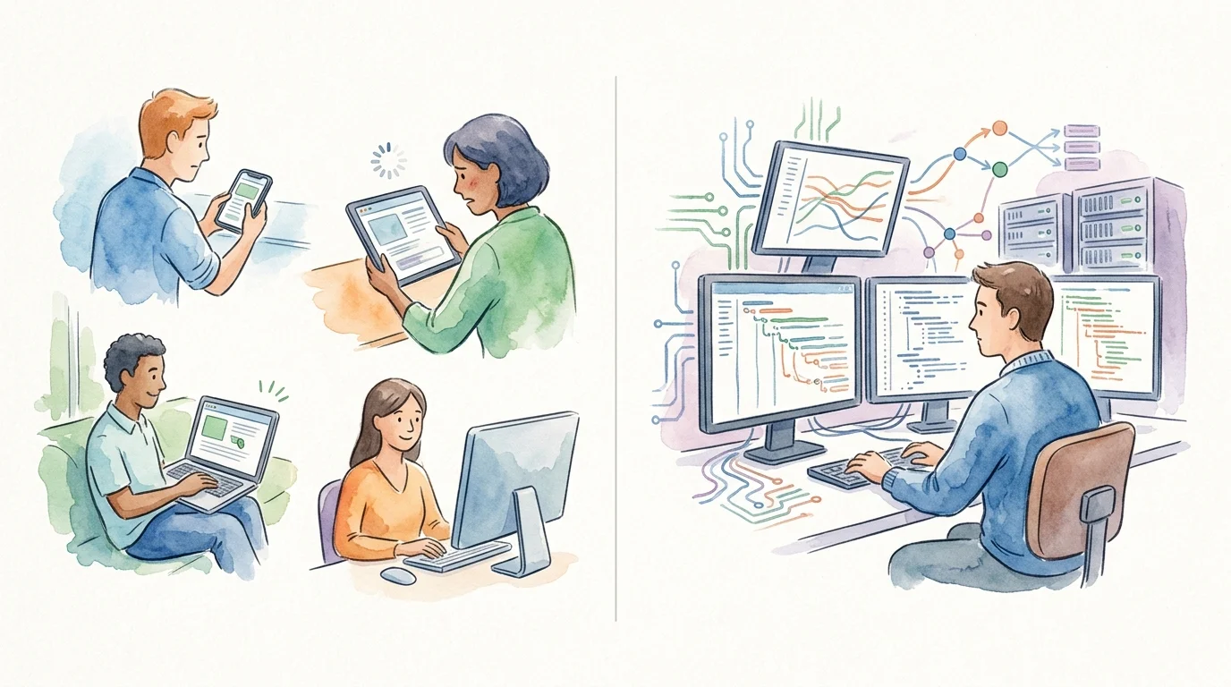 A split-scene illustration showing real visitors on varied devices experiencing different page speeds while an engineer investigates the corresponding backend trace.