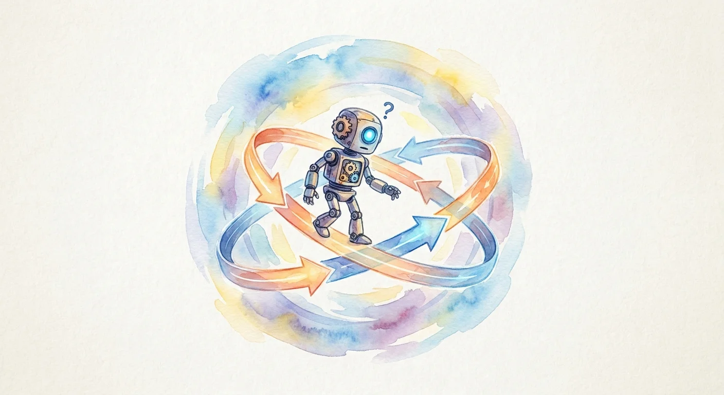 A visual metaphor of a robot crawler trapped in an infinite circular maze of glowing arrows.