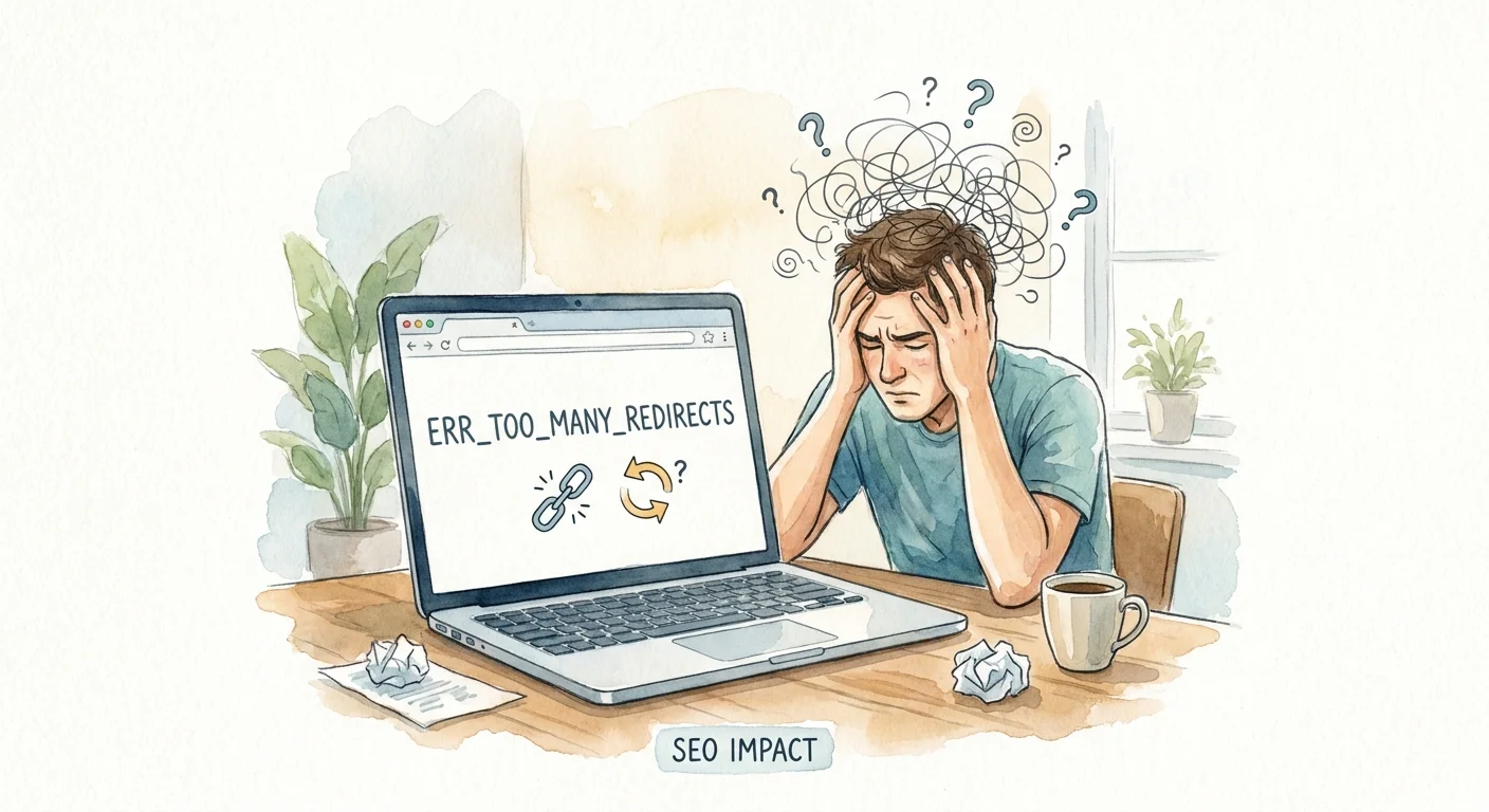 A laptop screen displaying a frustrating ERR_TOO_MANY_REDIRECTS browser error.