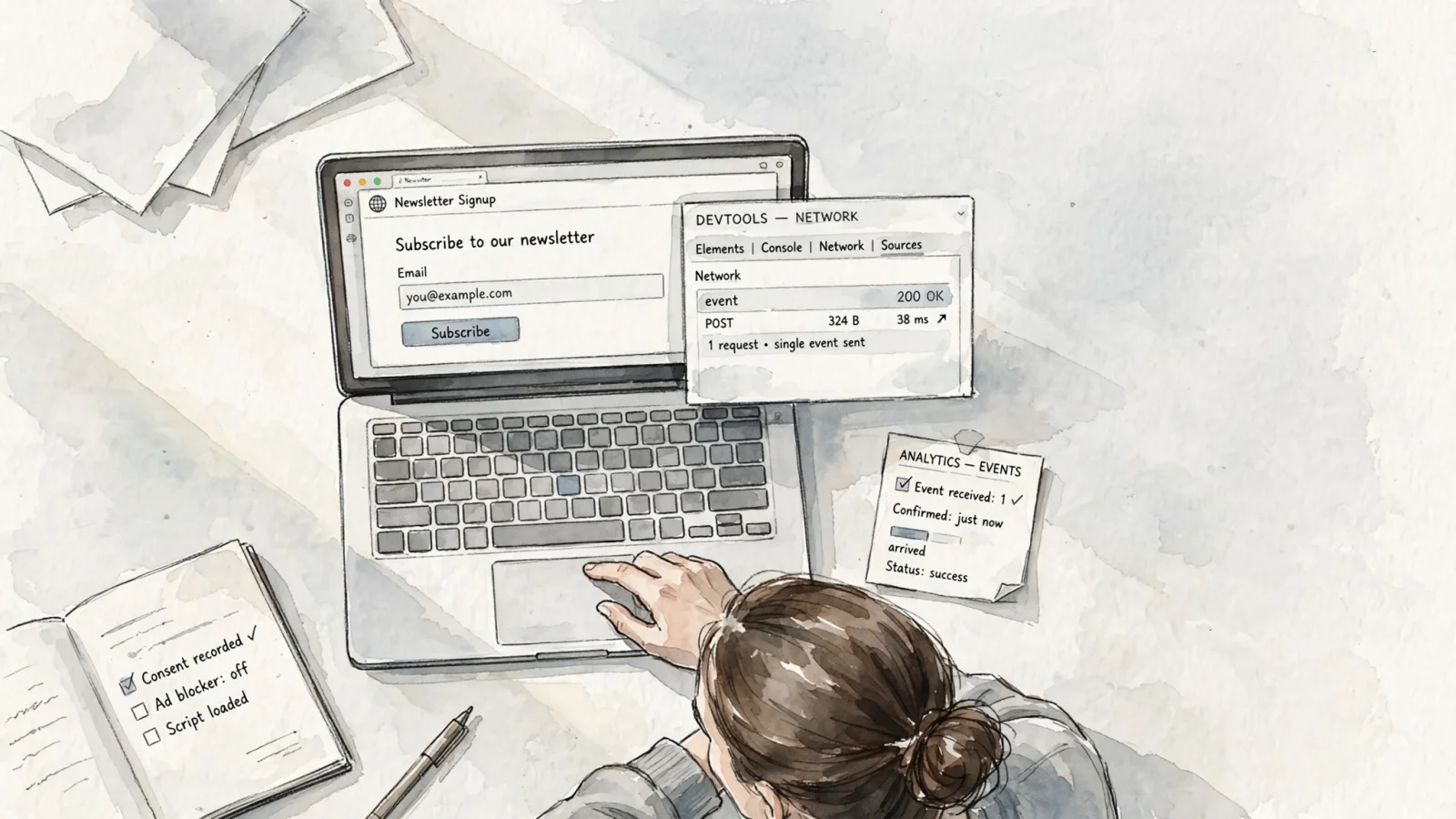 A small-business marketer tests a newsletter signup on a laptop while browser developer tools and an analytics report confirm that one event arrived.