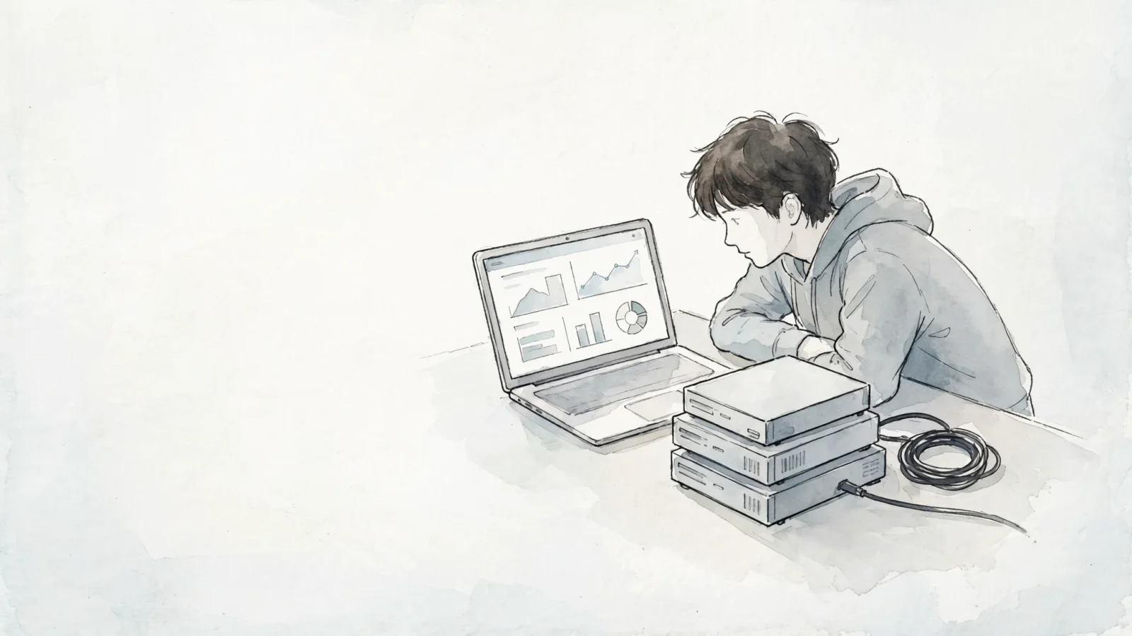 Near the explanation of free plans, show a small-team developer weighing a hosted analytics dashboard against the server and backup drives they would need to maintain themselves.