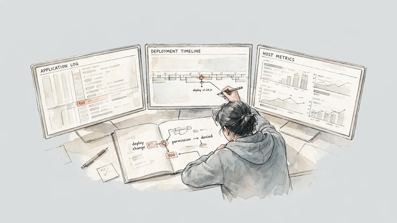 A calm incident-response scene with a developer matching one request ID across an application log, deployment timeline, and host metrics on three monitors, with sensitive values abstracted; no readable text.