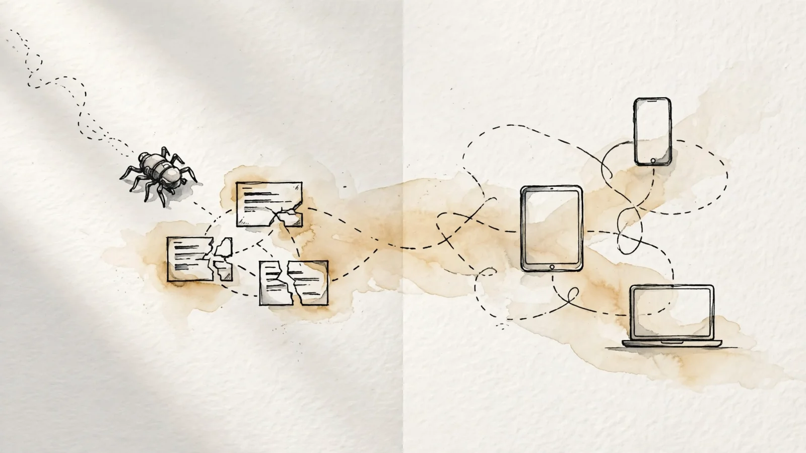 A split editorial scene showing a search crawler slowing at a cluster of failed landing pages while a privacy-first analytics view reveals anonymized routes and devices affected; no readable text or personal data.