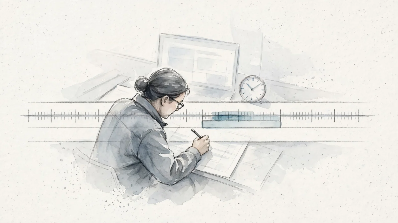 A wide editorial scene of an engineer comparing a long 24/7 service timeline with a small highlighted outage window while a website remains visible in the background; request no text.