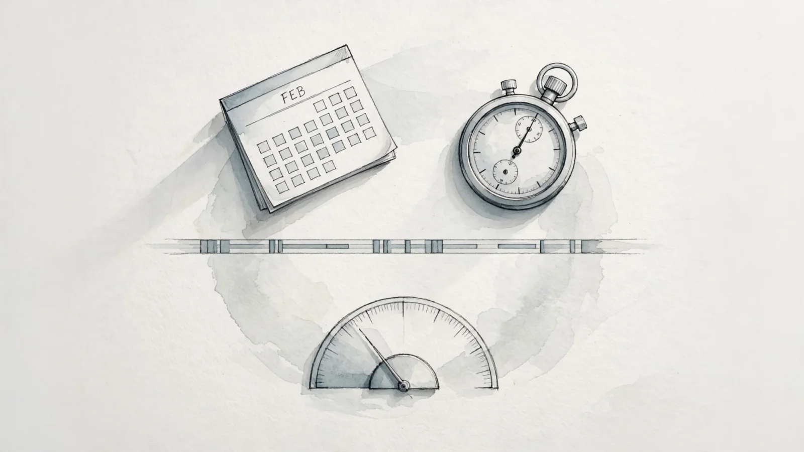 A wide editorial still life of a calendar, stopwatch, and partially used error-budget gauge surrounding a service timeline, showing how the measurement period changes the result; request no text.