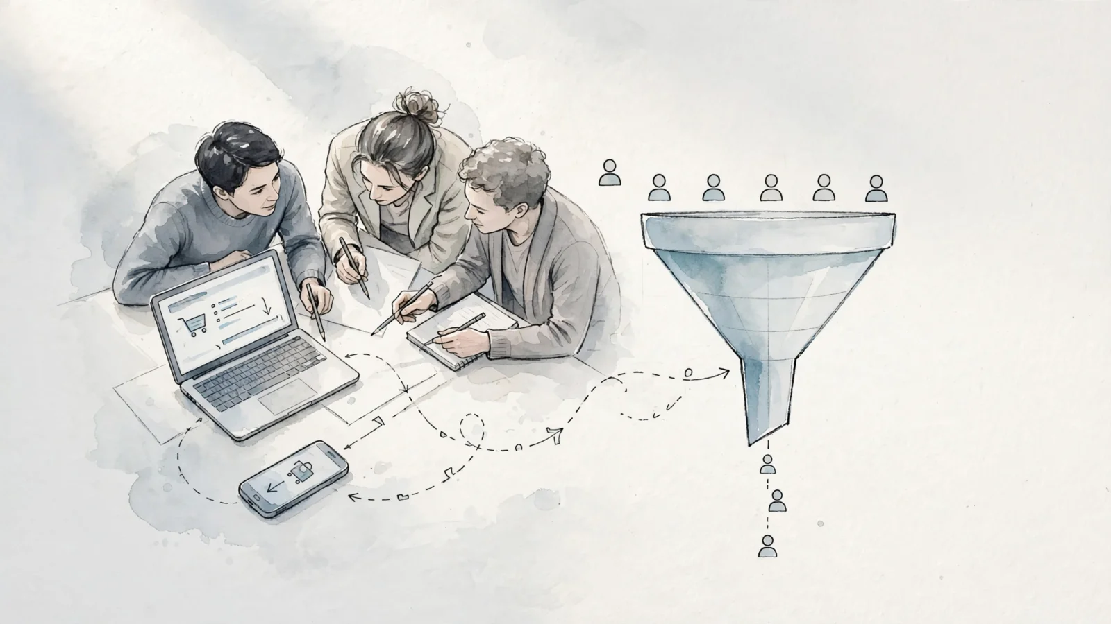 A wide editorial scene of a team tracing a slow checkout from laptop and mobile users to a funnel drop on a performance dashboard, showing the user impact behind an uptime percentage; request no text.