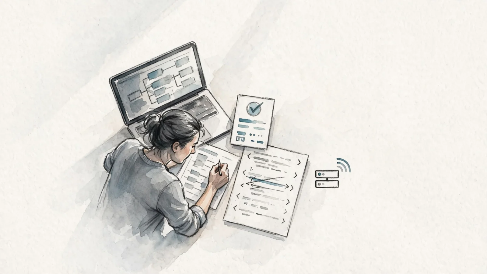 For the validation workflow, a blogger at a laptop checks a CMS-generated sitemap and makes a careful correction beside a validator result, with no readable screen text.