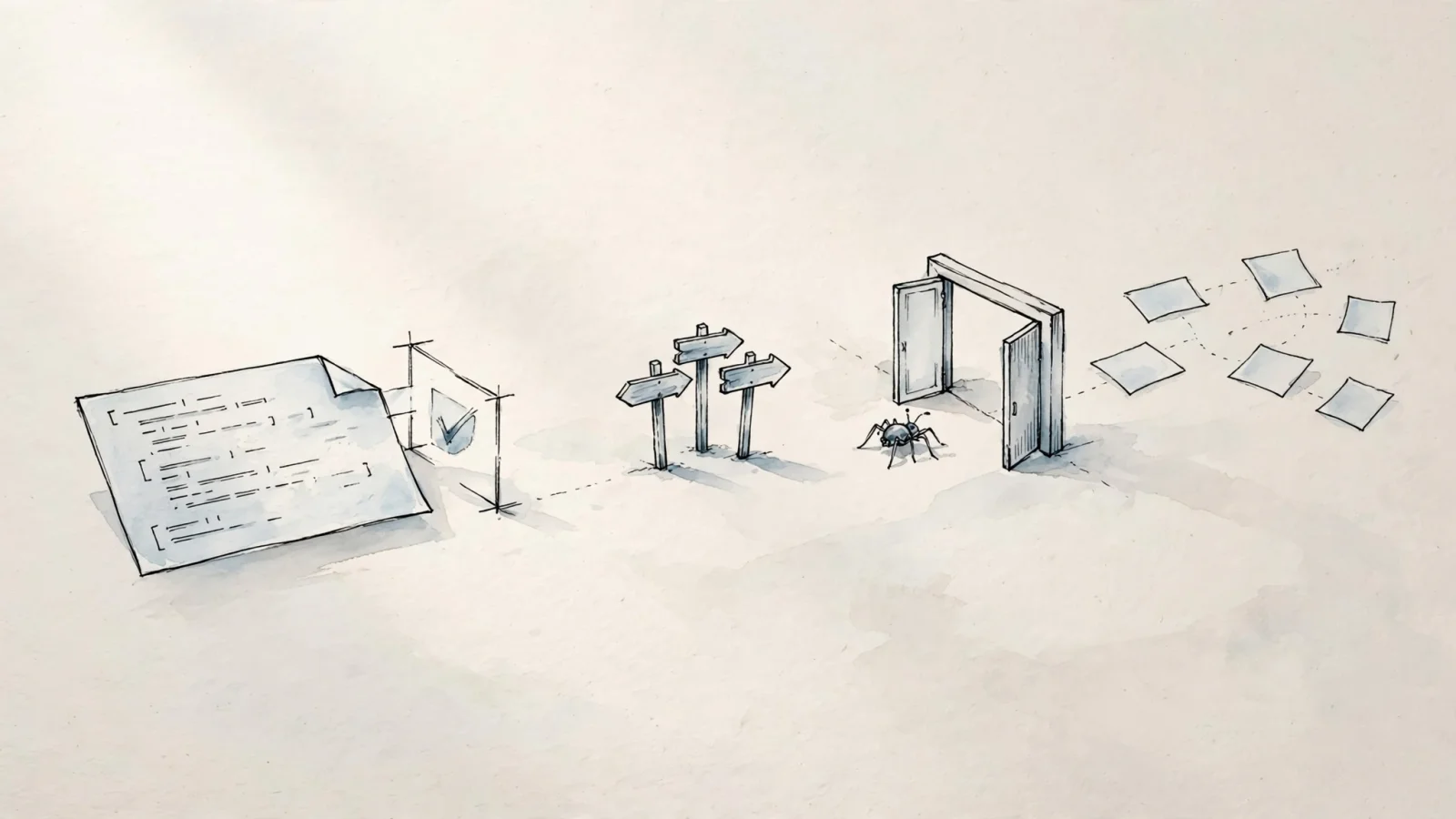For the three validation layers, an XML document, preferred-page signposts, and a search crawler at an open server gate form distinct checkpoints in one visual metaphor, with no labels or text.