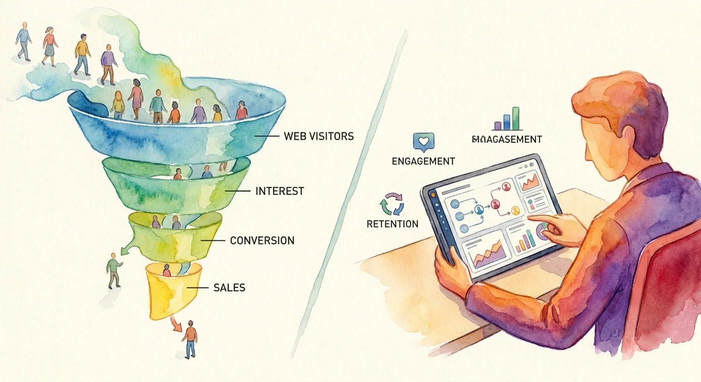 A split-screen visualization showing a vibrant marketing funnel on one side and a user interacting with a complex software dashboard on the other.