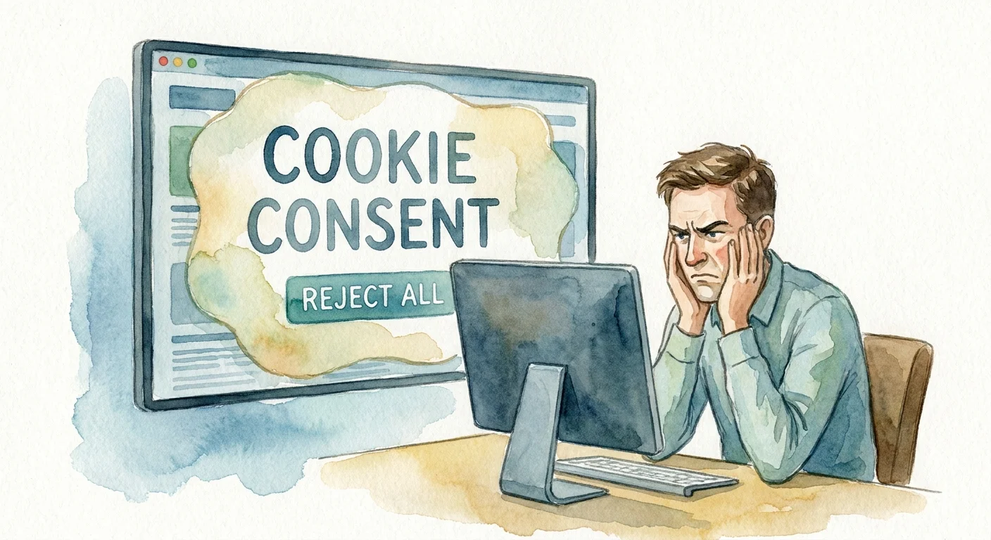 A frustrated marketer looking at a computer screen that displays a massive, intrusive cookie consent banner with a prominent 'Reject All' button.