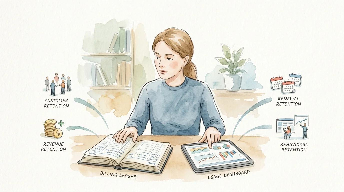 A SaaS founder comparing a billing ledger with a product-usage dashboard to show why customer, revenue, renewal, and behavioral retention answer different questions.
