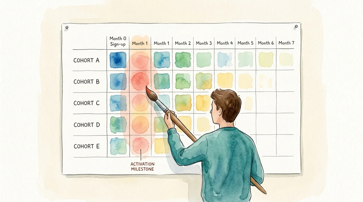 A cohort-retention heatmap with signup rows fading across months and an activation milestone highlighted.