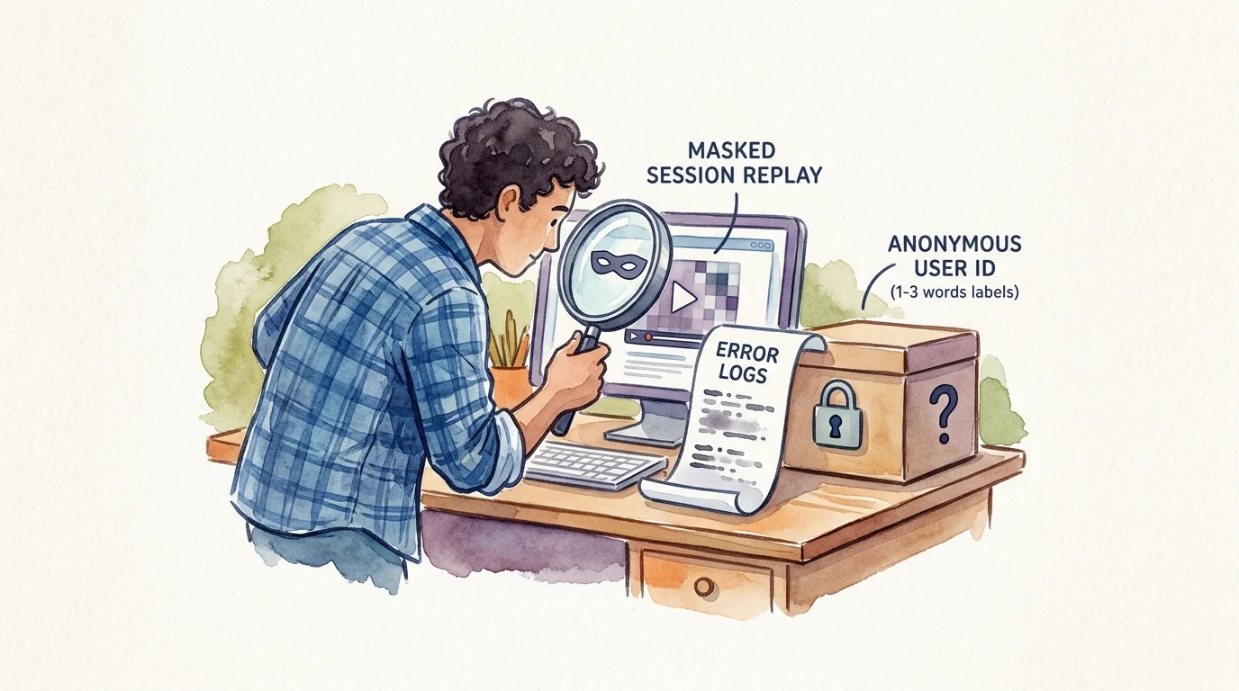 A privacy-conscious developer inspecting masked session replay and error logs beside an opaque account identifier.