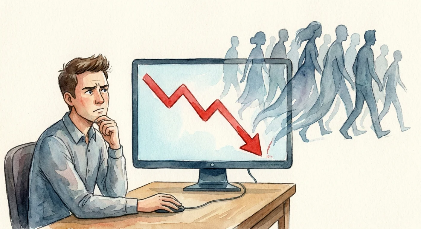 A confused digital marketer sitting at a desk looking at a massive downward red line on a monitor, while a ghost-like crowd of invisible website visitors walks freely behind the screen.