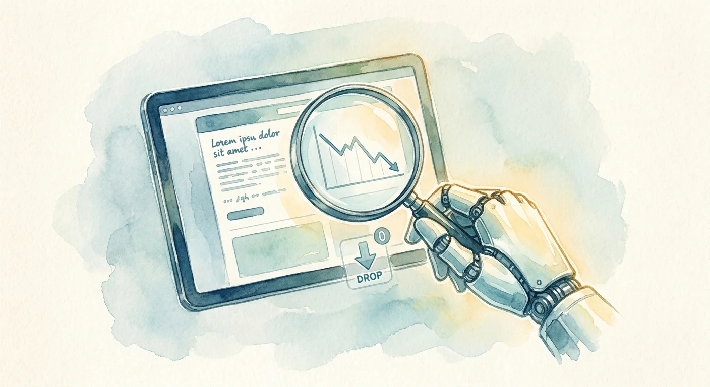 A glowing, futuristic robotic hand scanning a webpage with a magnifying glass, representing AI bots scraping content without generating human clicks.
