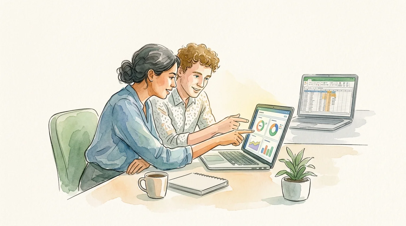 A SaaS product manager and customer success lead review an analytics panel inside a customer portal while a neglected spreadsheet window in the background illustrates the cost of disconnected reporting; no text.