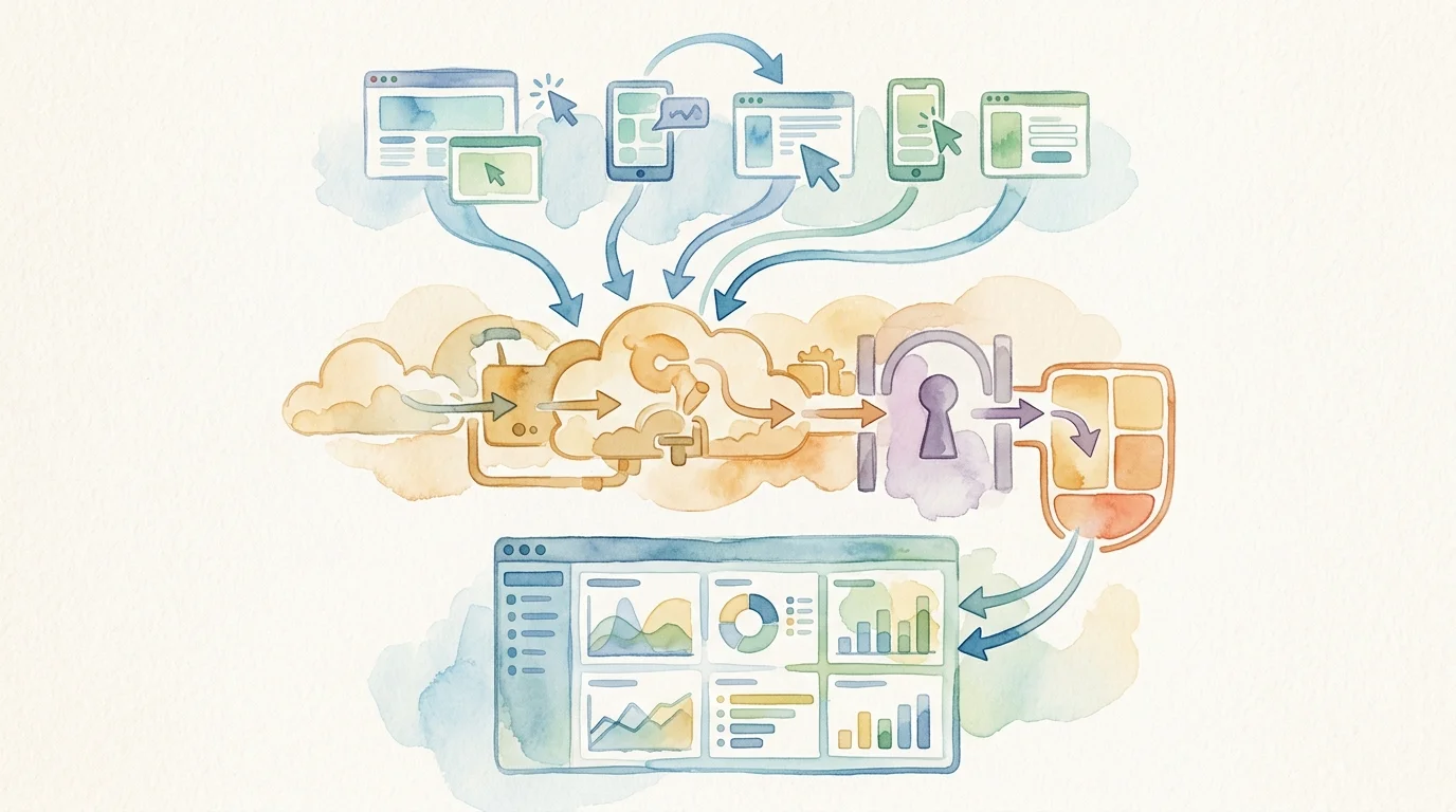 A clean editorial cutaway shows browser and server events flowing through an analytics-processing layer and a locked tenant boundary into a dashboard embedded inside a SaaS application; use visual layers and arrows but no readable text.