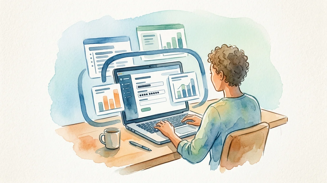 A privacy-minded engineer configures analytics on a laptop while sensitive form fields are visibly masked and separate customer workspaces sit behind a security boundary; no text.