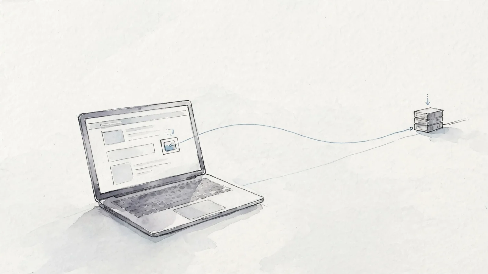 An editorial cutaway of a laptop fetching a remote image from a distant server, with one subtle connection showing the request mechanism and no labels.