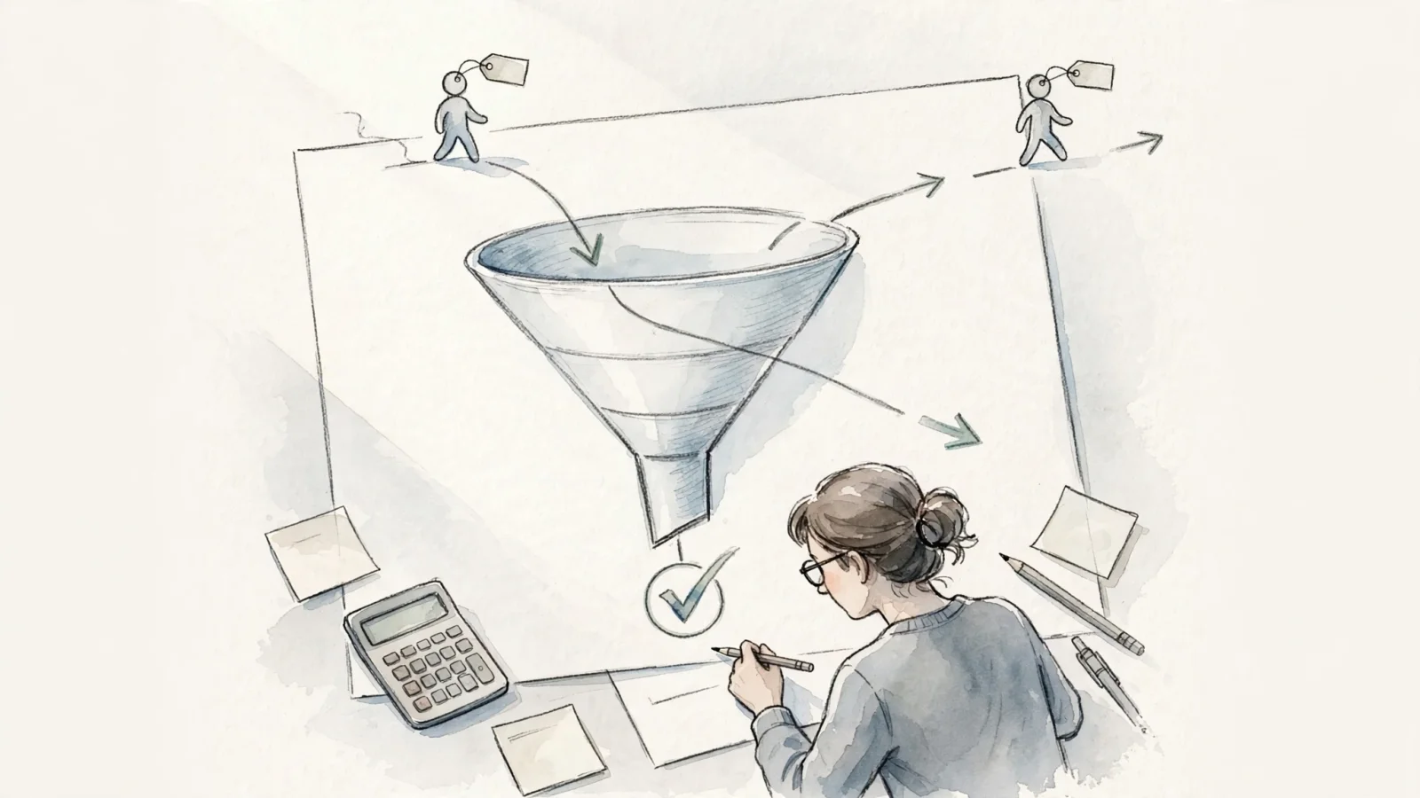 A small-business marketer reviews a landing-page funnel as one visitor from a tagged campaign completes a signup and another drops out, making post-click outcomes visible.