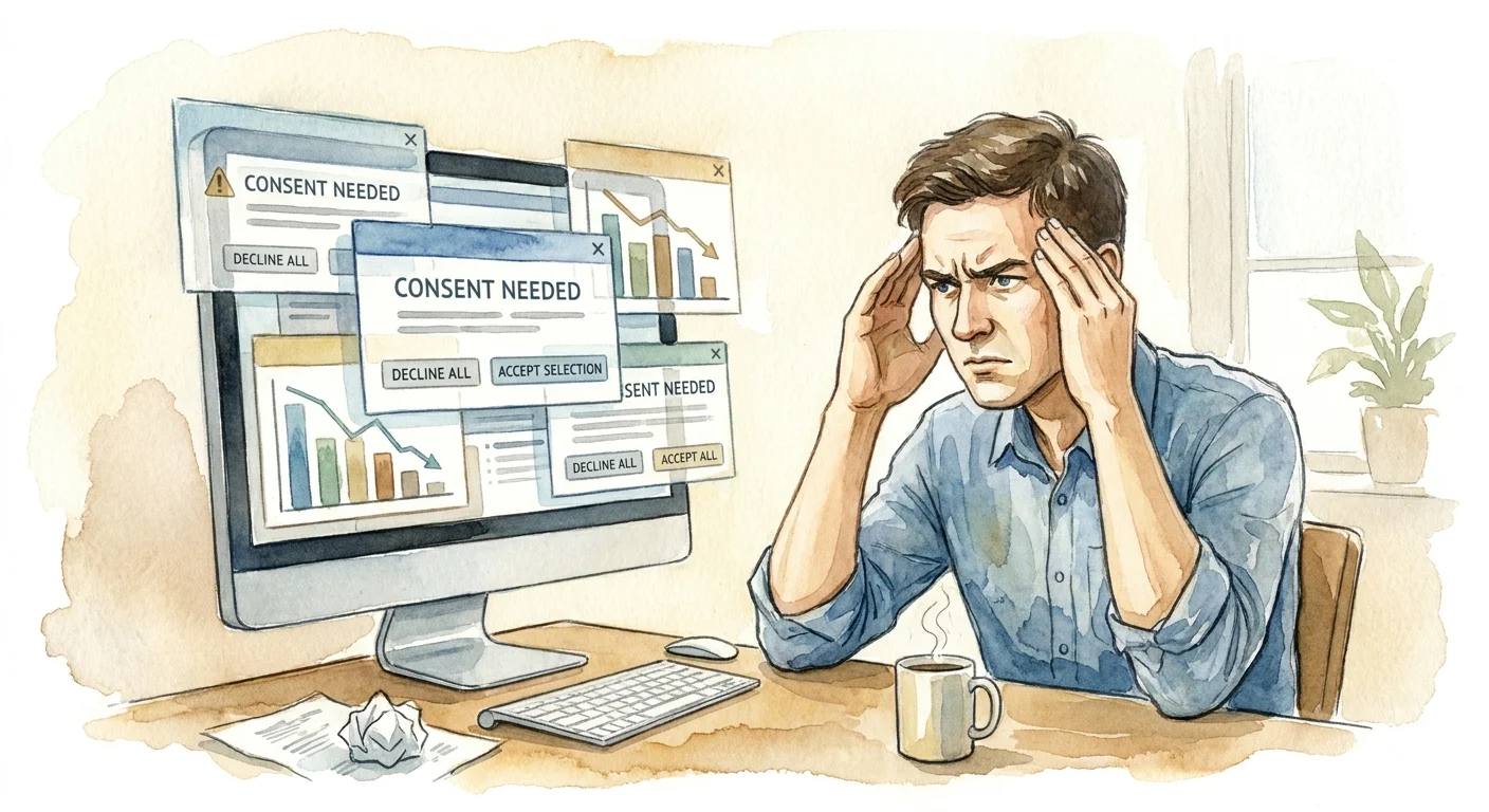 A frustrated professional staring at a computer screen filled with complex legal warning pop-ups and declining chart graphics.