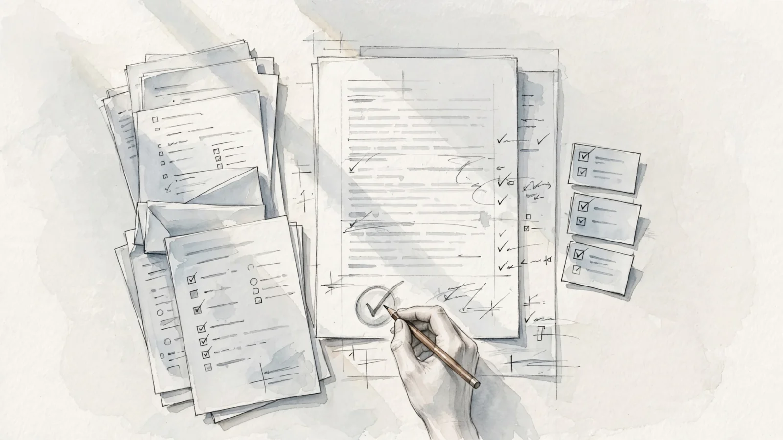 An editor reviews an AI-assisted draft beside source notes and a publication queue, with human checkpoints between research and release.