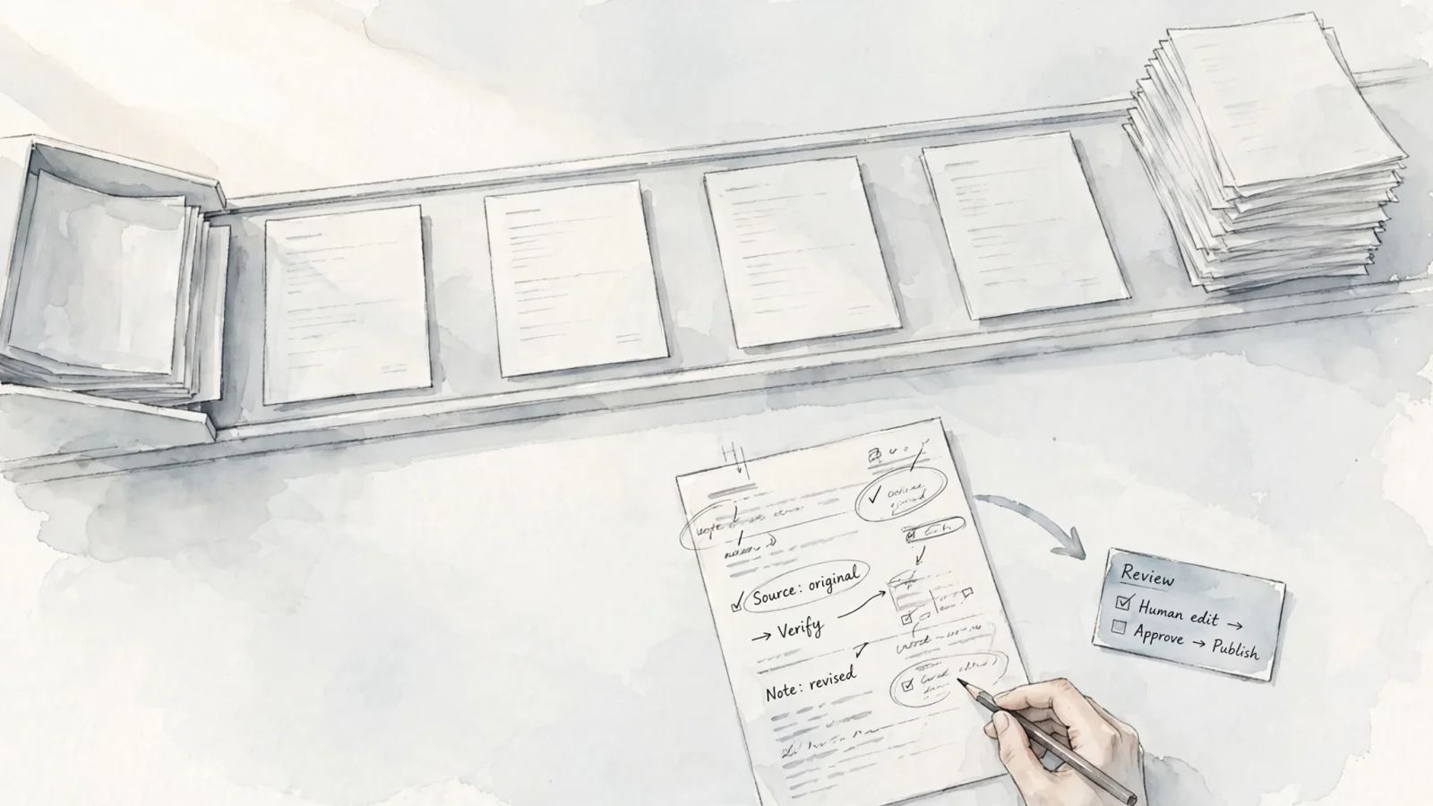 A split editorial scene contrasts a conveyor belt of identical scraped posts with one carefully reviewed article that leads a reader to a useful action.