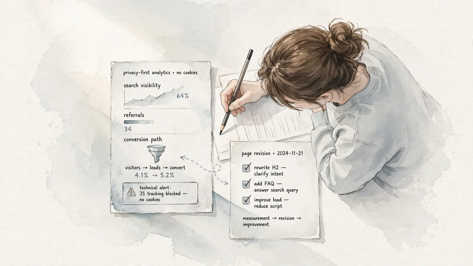 A marketer studies a privacy-first analytics dashboard showing search visibility, referrals, a conversion funnel, and a technical alert while choosing which page to improve.
