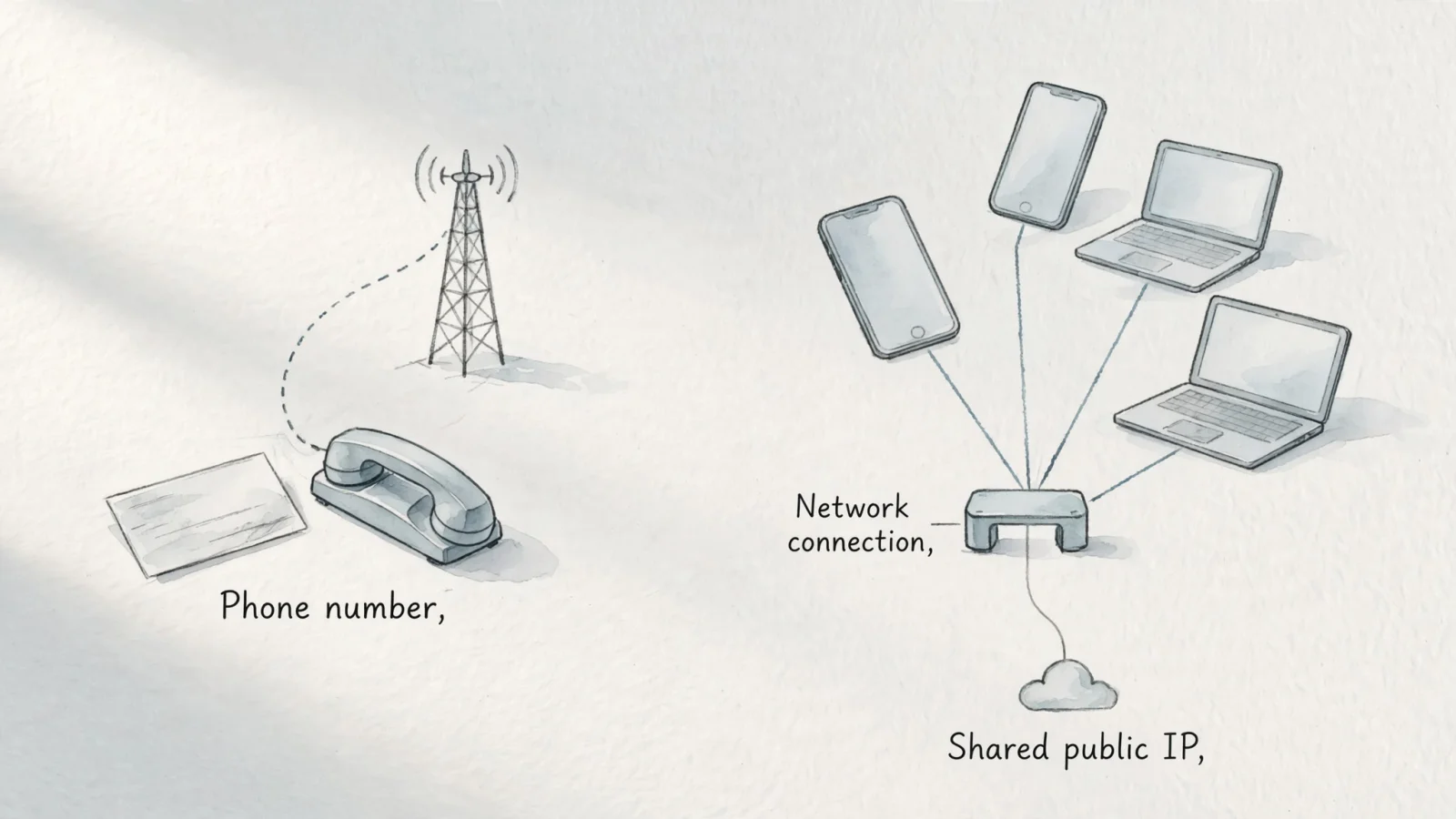 A clear explanatory network diagram separates a phone number as a contact identifier from a handset’s changing Wi-Fi or mobile-data connection, with several devices passing through one carrier gateway; label only “Phone number,” “Network connection,” and “Shared public IP.”