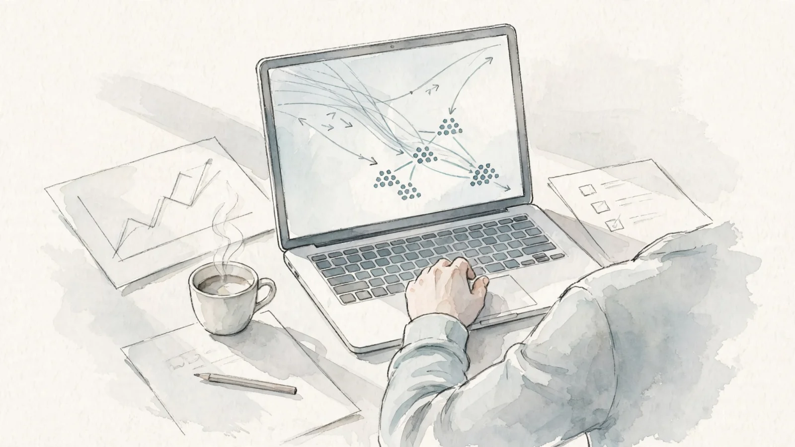A small-business owner reviews referral, campaign, and conversion trends on a laptop while visitor identities stay out of view, conveying privacy-minded measurement rather than individual identification; show no legible interface text.