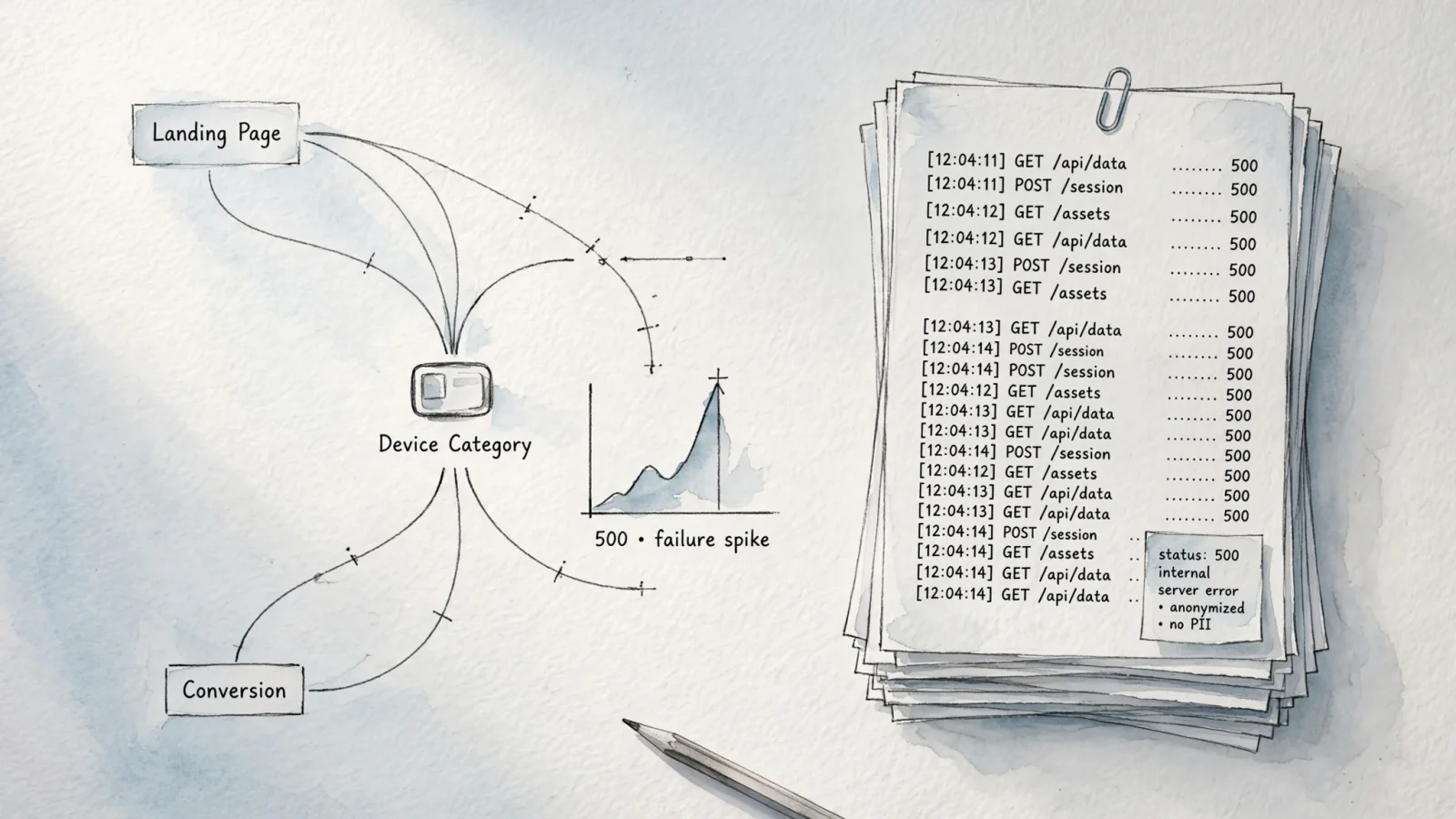 A privacy-conscious analytics workspace beside server logs, showing a spike in failed journeys traced to a landing page, device type, and conversion step while all user identifiers remain abstracted.