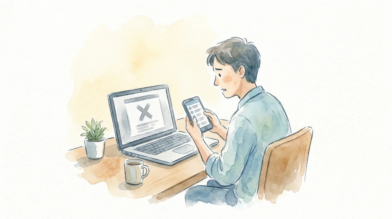 A visitor at an online checkout pauses at a generic failure screen and checks order history before trying anything again, with no readable text.