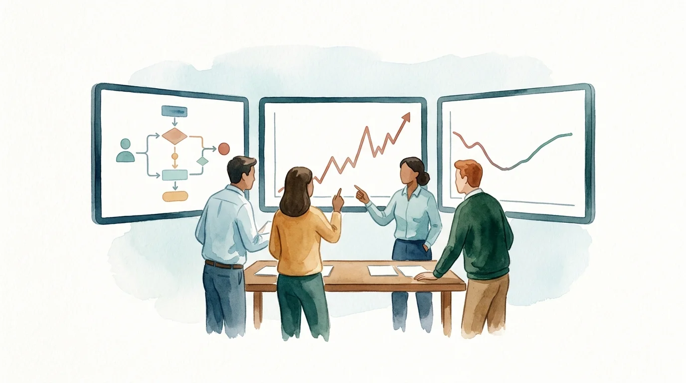 A privacy-conscious website team reviews a masked user journey, an error trend, and a recovering crawl trend across separate screens, with no readable text.