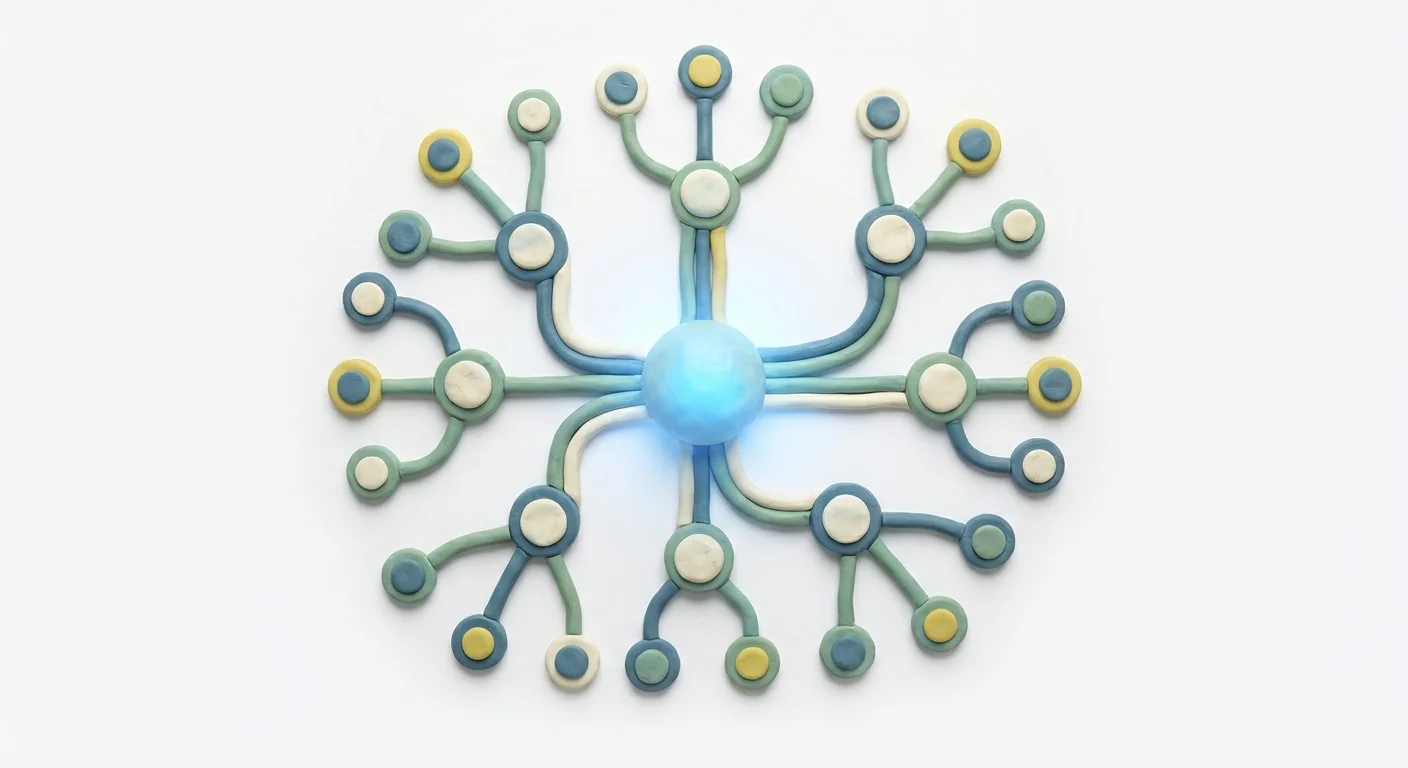 A clean, high-tech glowing network node diagram showing a central hub branching out into perfectly organized spokes.