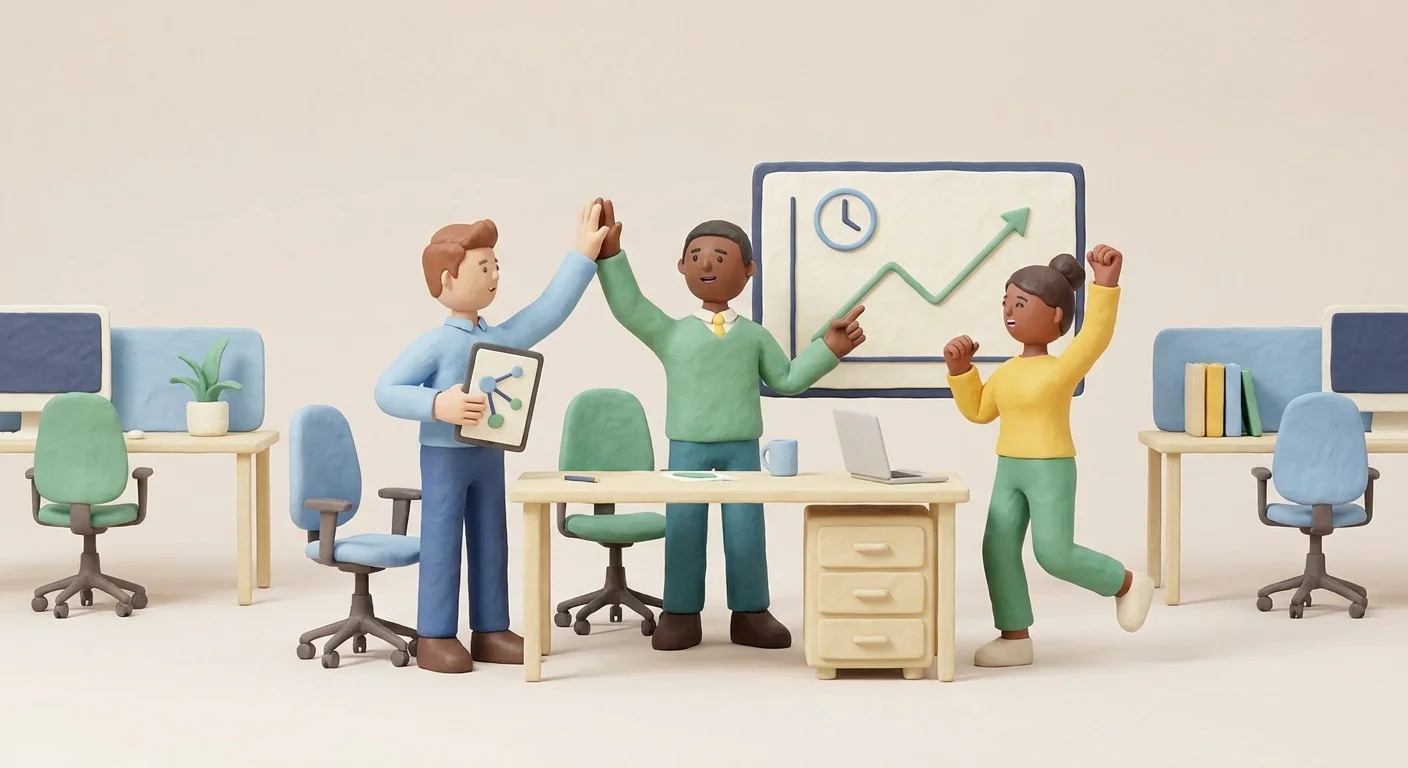 A lean marketing team high-fiving in a modern office, celebrating the time saved by automating their workflow.