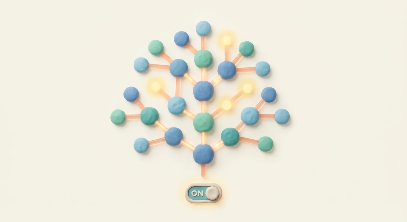 A sleek, glowing digital tree structure showing interlocking nodes of information to represent an automated topical cluster.