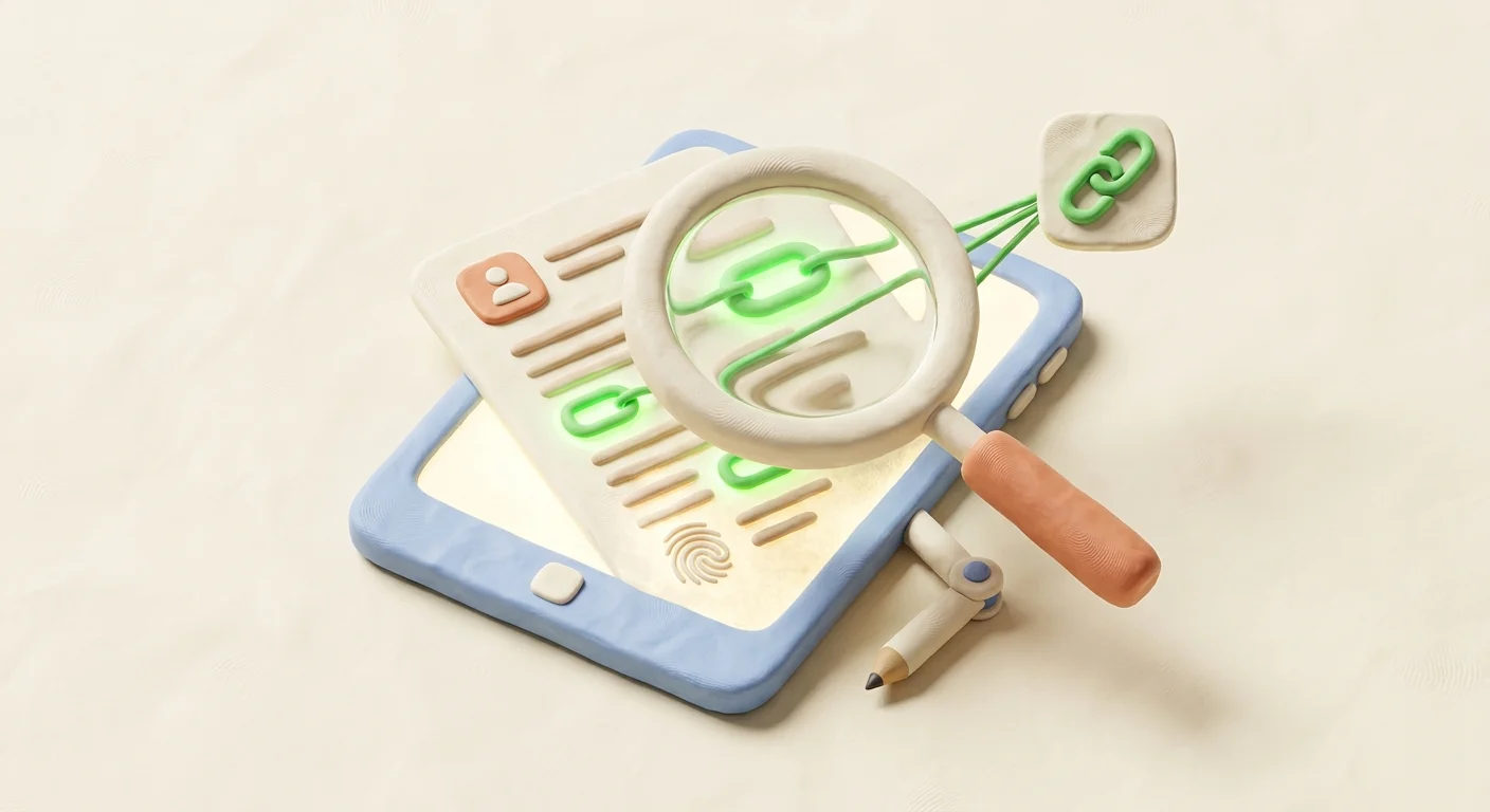 A magnifying glass hovering over a futuristic digital document, highlighting verified source links in bright green.