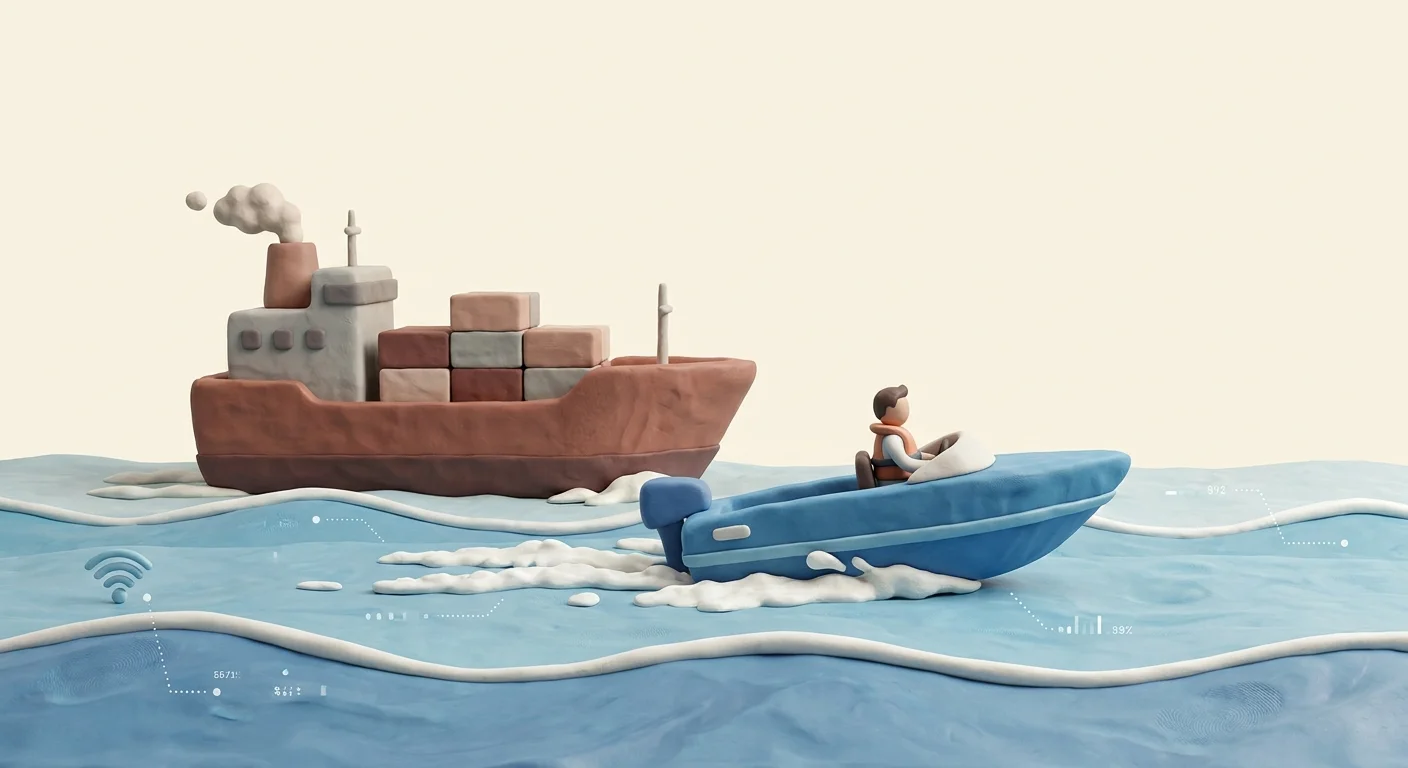 A visualization of a small, agile speedboat effortlessly bypassing a massive, slow-moving cargo ship on an open digital ocean.