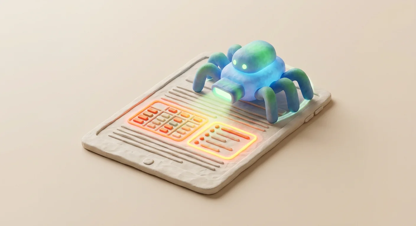 A glowing web crawler robot scanning a digital document, highlighting data tables and bullet points in bright neon colors.