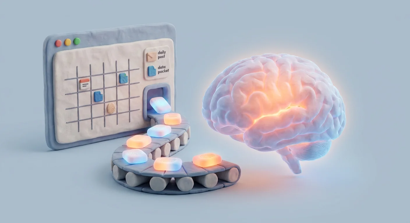A digital publishing dashboard with a calendar showing automated daily posts feeding data into a glowing AI brain.
