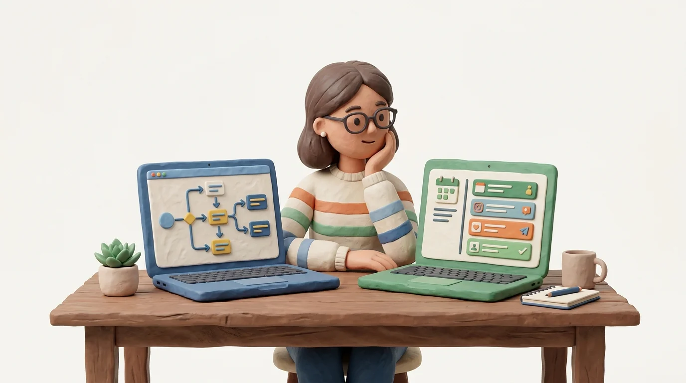 An editorial scene of a solo founder comparing a branching workflow canvas on one laptop with a ready-made daily publishing queue on another, with no readable text.