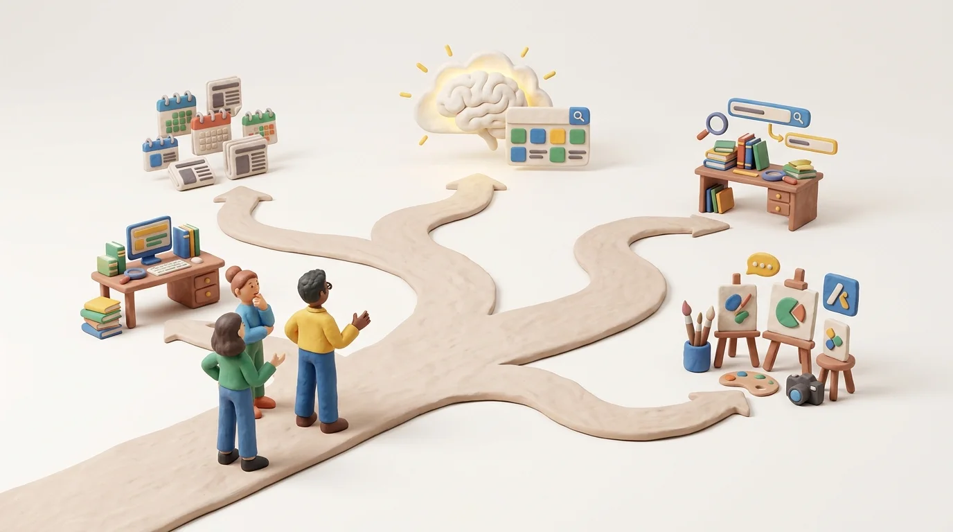 A small marketing team at a crossroads choosing among a daily publishing path, an AI-search visibility path, an SEO optimization desk, and a brand-content studio, with no readable text.