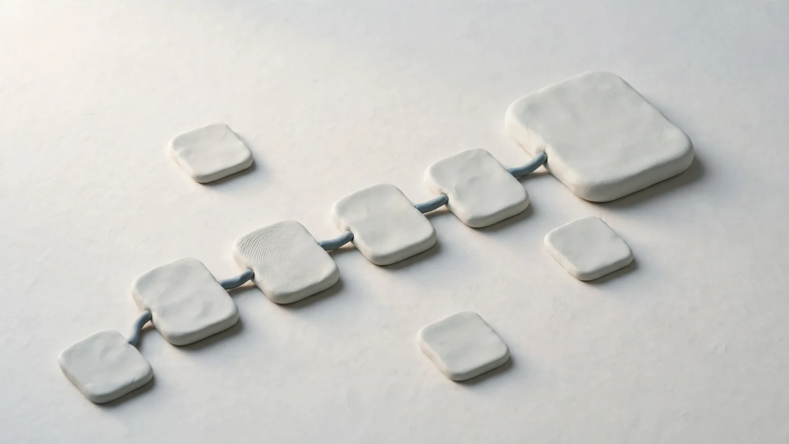 A focused cluster of connected page cards leads toward a single product or service destination, visually explaining how topic boundaries, search intent, and internal links create a coherent content system without readable text.