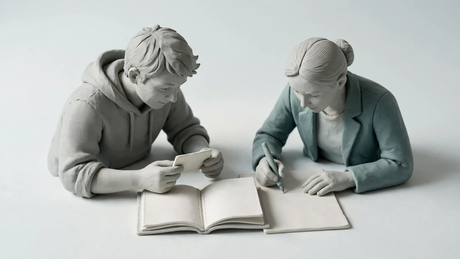 A founder and a lean marketing teammate compare customer feedback, product documentation, and an article draft at their workspace, illustrating how firsthand knowledge can inform source-led content.