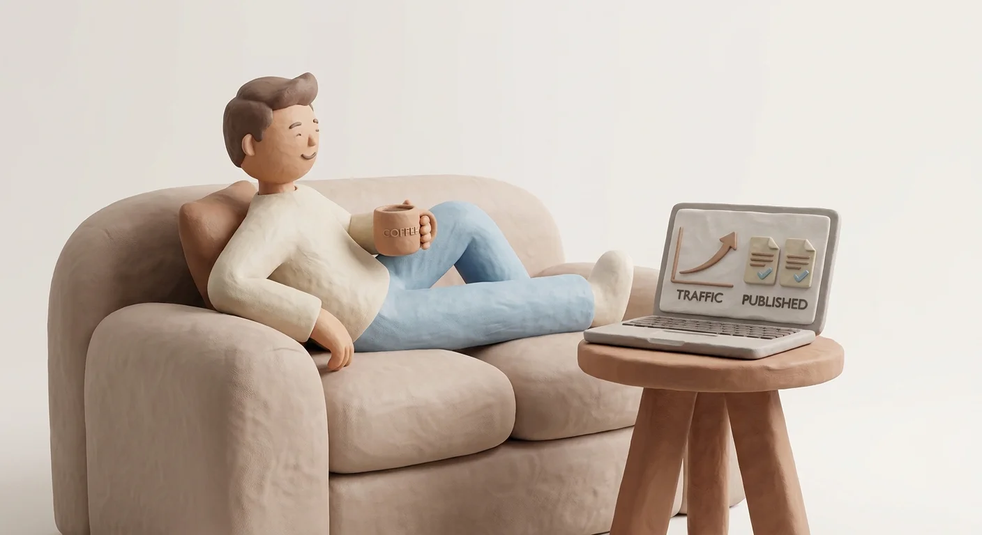 A solo founder relaxing on a sofa with a coffee while a sleek dashboard on their laptop displays upward-trending traffic graphs and autonomous publishing alerts.