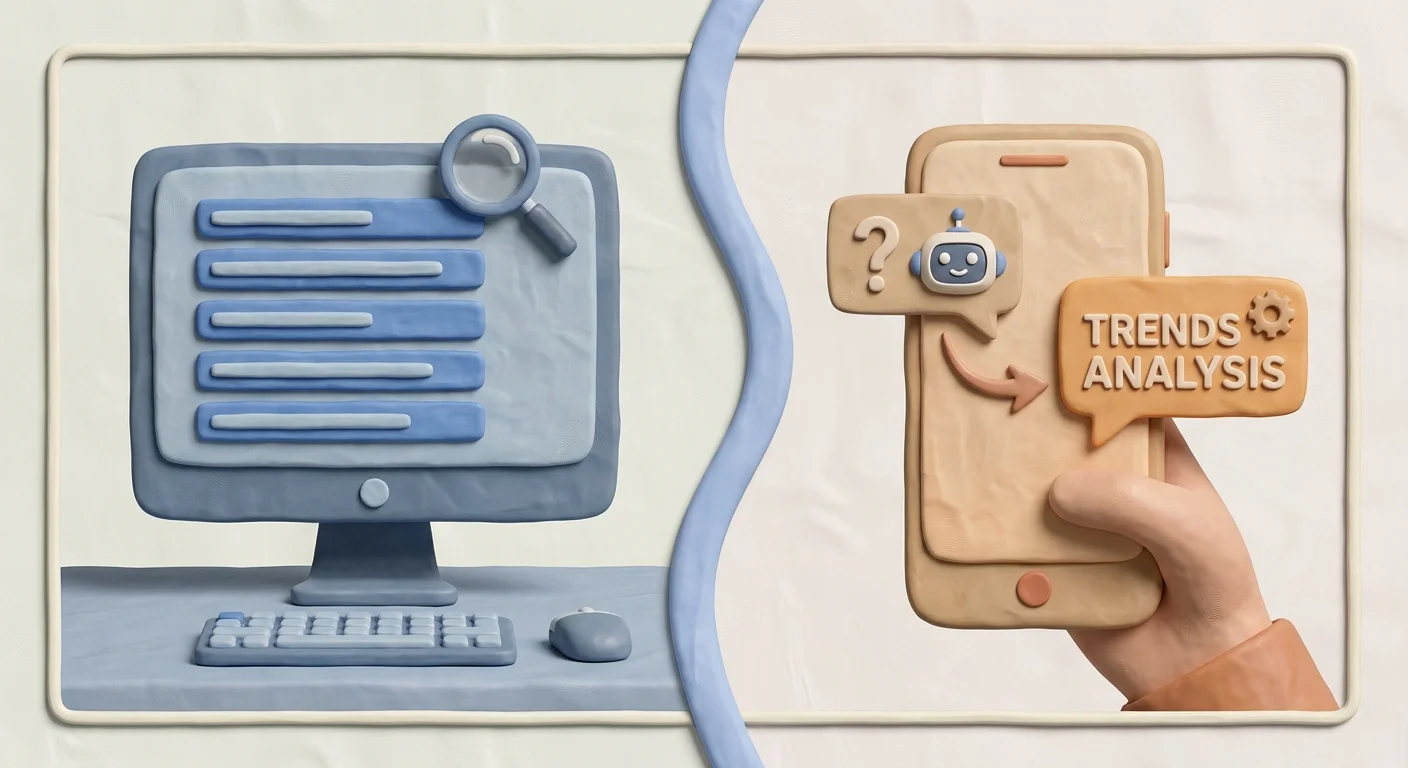 A split-screen visual metaphor contrasting a traditional blue-link search engine interface on one side with a conversational AI chat interface on the other.