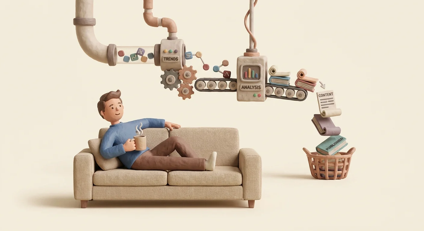 A relaxed solo entrepreneur drinking coffee on a sofa while a stylized digital assembly line processes data nodes into published articles in the background.